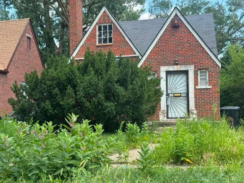 La maison à pignons de Detroit avant travaux, façade masquée par deux grands conifères
