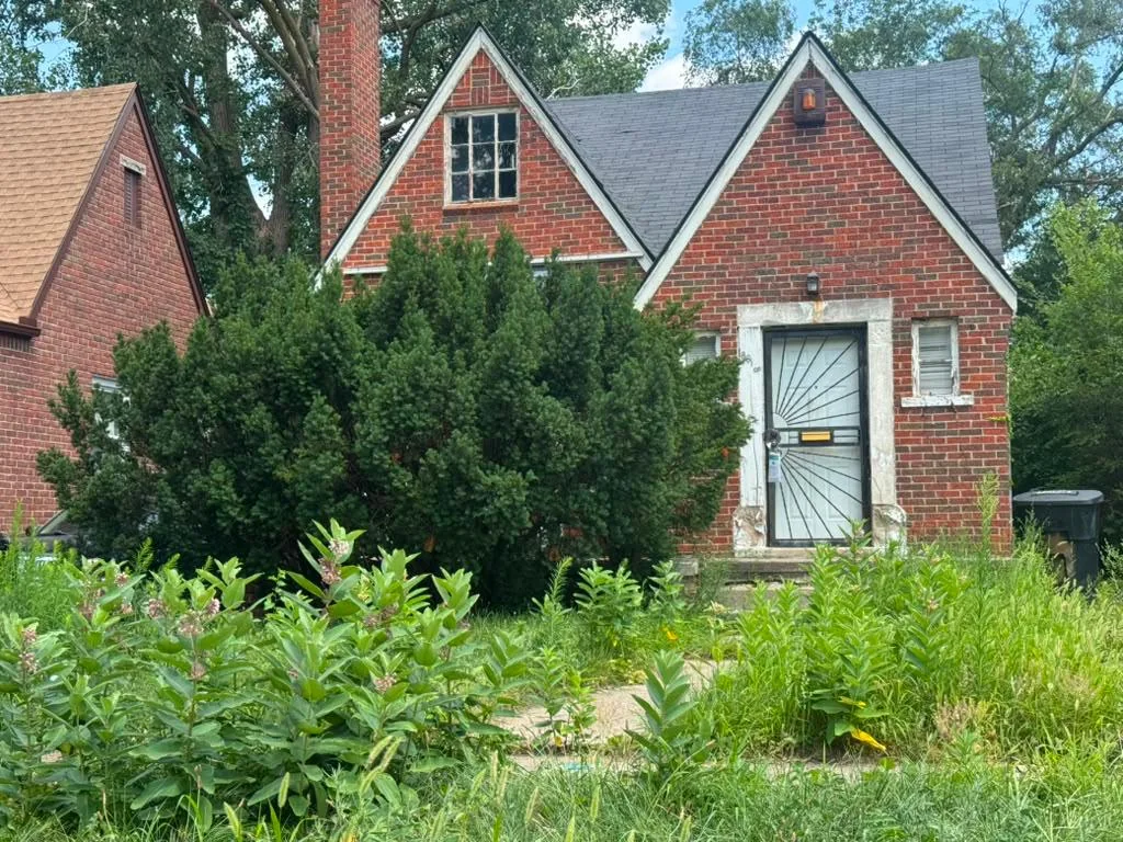 La maison à pignons de Detroit avant travaux, façade masquée par deux grands conifères