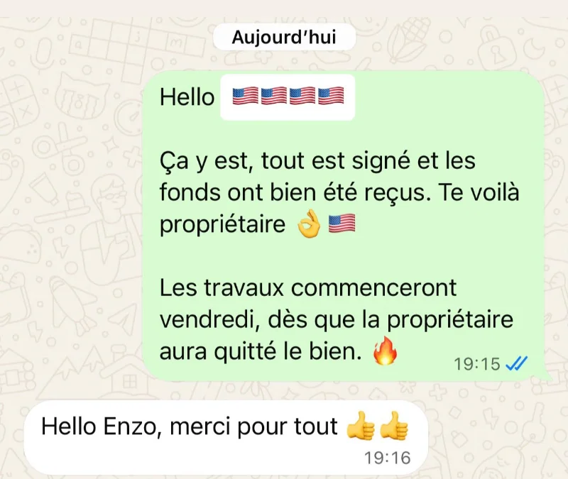 Capture d'une conversation WhatsApp : Enzo annonce que tout est signé, que les fonds ont été reçus et que les travaux commencent