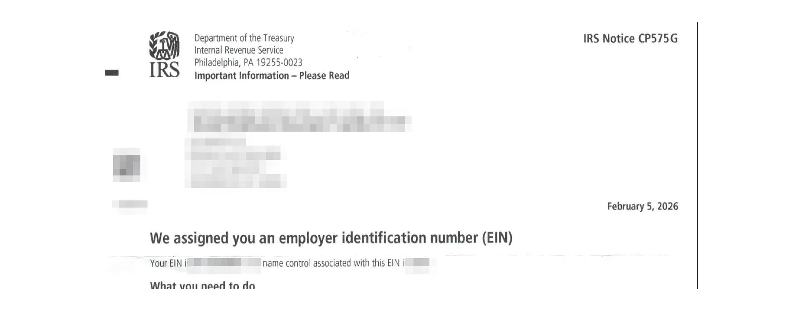 La lettre CP575G de l'IRS attribuant l'EIN d'une société, caviardée