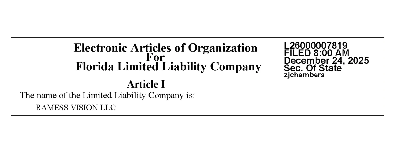 Les statuts de la LLC d'IMMO US au registre de l'État de Floride