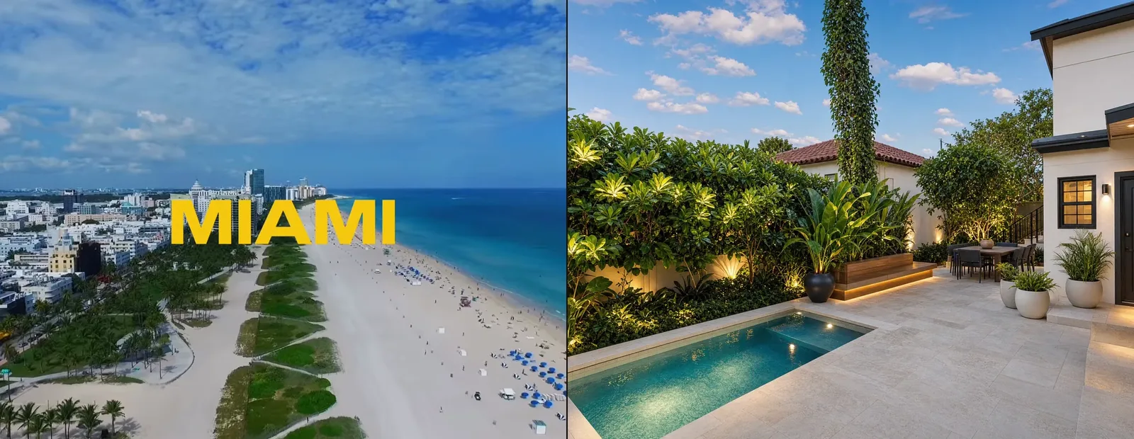 Miami : la plage, et la cour de la villa du projet (rendu)