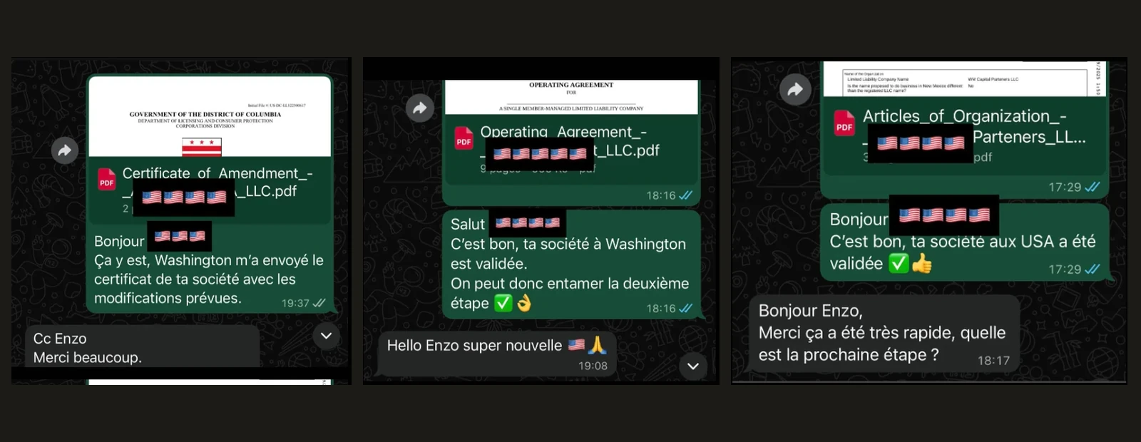 Trois échanges WhatsApp reçus pendant les suivis : le certificat de la société, la société validée, la prochaine étape