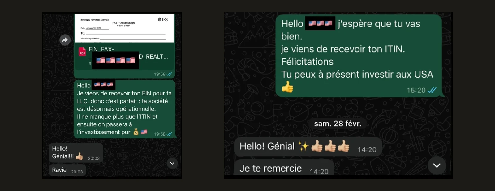 Deux échanges WhatsApp : l'EIN reçu, la société opérationnelle, puis l'ITIN reçu
