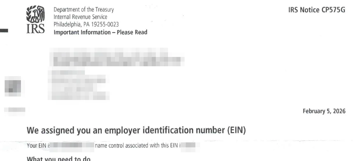 La lettre CP575G de l'IRS attribuant un EIN à une société : le document réel, données personnelles et numéros caviardés