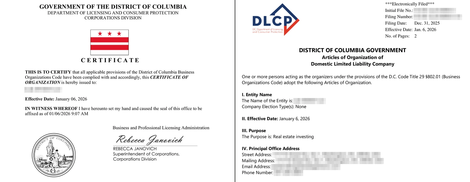 Le certificat d'organisation et les statuts d'une LLC délivrés par le District of Columbia : documents réels, nom, numéros de dossier et adresses caviardés
