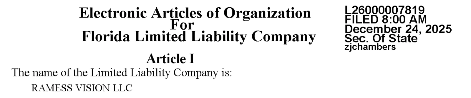 Les statuts électroniques de la LLC d'IMMO US déposés au registre de l'État de Floride le 24 décembre 2025, numéro L26000007819 : document réel