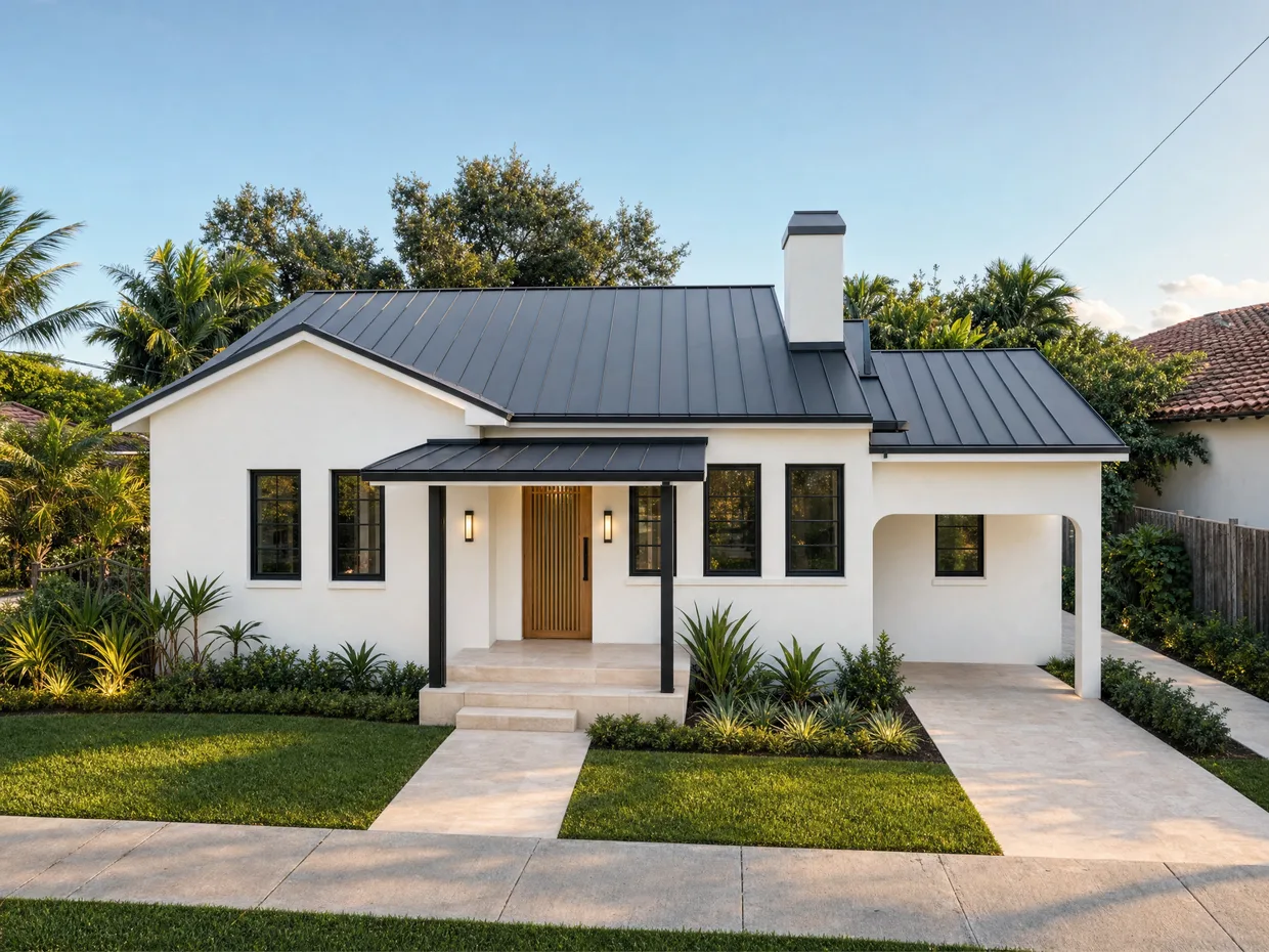 Rendu conceptuel du projet : façade blanc chaud, toiture métal anthracite, menuiseries noires et entrée en chêne