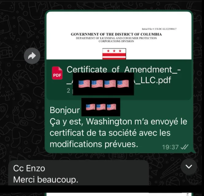 Échange WhatsApp : le certificat de la société arrive de Washington