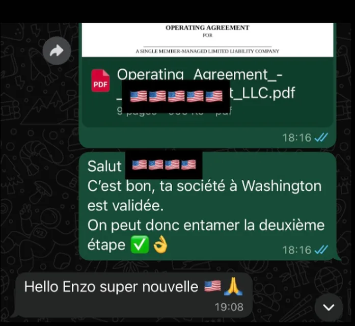 Échange WhatsApp : la société à Washington est validée