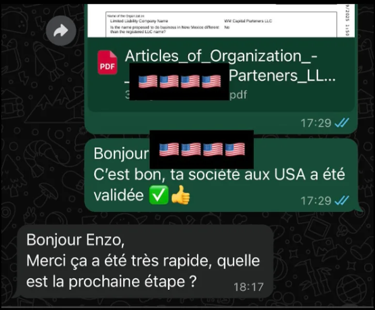 Échange WhatsApp : la société aux USA est validée, prochaine étape
