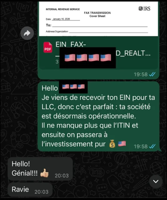Échange WhatsApp : EIN reçu, la société est opérationnelle