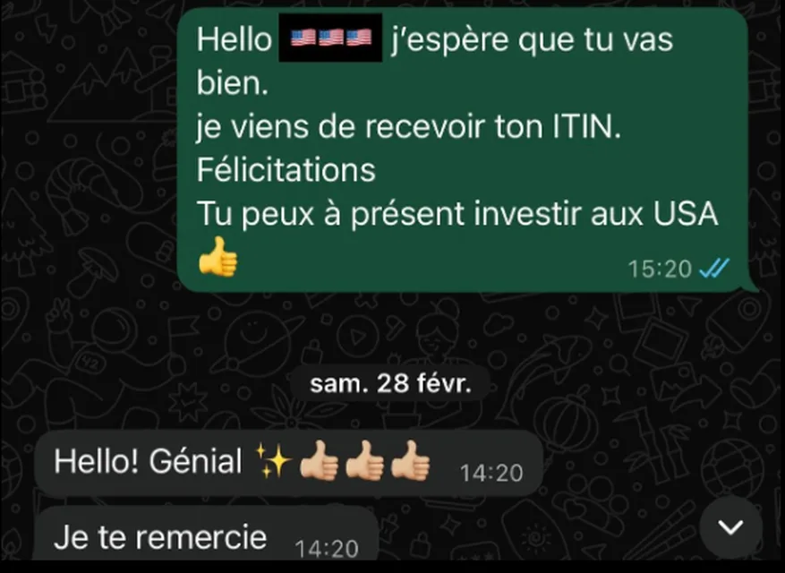 Échange WhatsApp : ITIN reçu, l'investisseur peut investir aux USA
